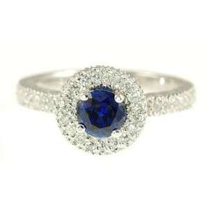 Enchanting Round Ceylon Blue Sapphire Ring   18 kt White Gold   Pave 