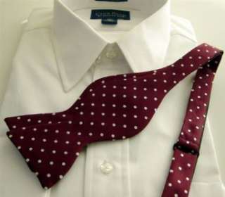  100% Woven Silk Self Tie Bow Tie   Maroon with White Polka 