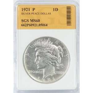 1921 P Unc Silver Peace Dollar SGS Graded MS60: Everything 