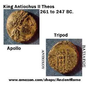 261 to 247 BC. King Antiochus II Theos. Apollo long Hair. Tripod King 