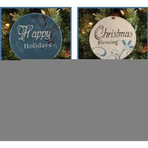   Assorted Round Wooden Blue Ornaments Holiday Sayings