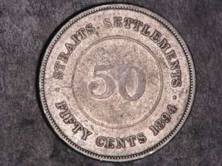 STRAITS SETTLEMENTS 1894 50 Cents Silver Fine, scratches obverse