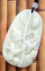 Chinese Jade Happy Old Man Fishing Fish Coins Pendant  