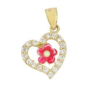 14k Yellow Gold, Heart Flower Pendant with Lab Created Gems and Enamel 