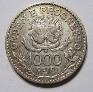 1913 A 90% SILVER 1000 REIS 1 Year Type coin BRAZIL S. America 