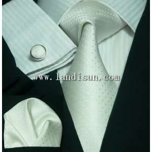  Landisun 59C White Solids Mens Silk Tie Set: Tie+Hanky 