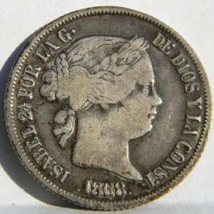 Spanish PHILIPPINES, Qn Isabel 1868 silver 20 Centimos   1/5 Peso 