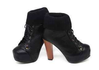 Ladies Lace up Square Toe High Heels Platform Knitted Cuff Ankle Boots 