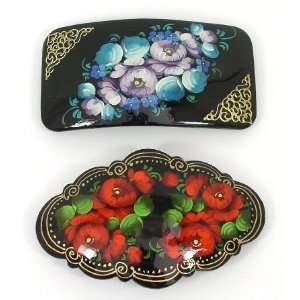  2 Barrettes Hair Clips Russian Hand Painted (0772 