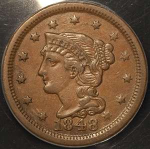 1848 N 16 Braided Hair Large Cent ANACS Graded Certified EF45 Penny 