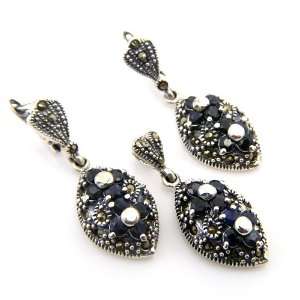   Gemstone Marcasite Genuine Silver Earring Pendant Set: Jewelry
