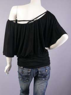 Black Off the Shoulder Ruched Bat Sleeve Top L  