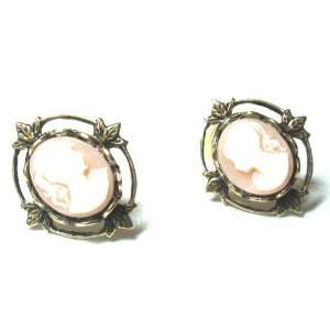   Antique Vintage Style Pink Cameo Stud Button Earrings Womens Jewelry