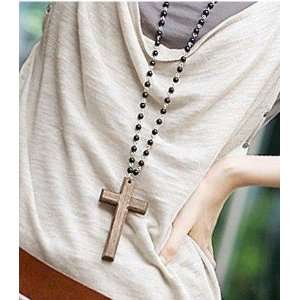 Wooden Cross Vintage Long Bead Necklace