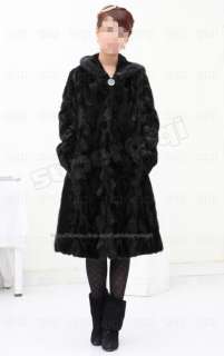   Genuine Mink Fur Long Coat Jacket Hot full length black outwear hoody