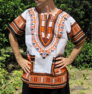 African Dashiki / Mexican Poncho Orange White Shirt M  