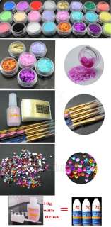 FULL 24 Acrylic Powder UV Primer Glitte Liquid NAIL ART TIP Brush Glue 