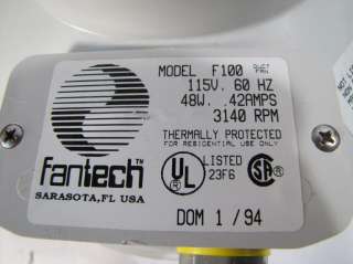 FANTECH MODEL F100 CENTRIFUGAL INLINE 4 DUCT FAN 115V 48W 3140RPM 