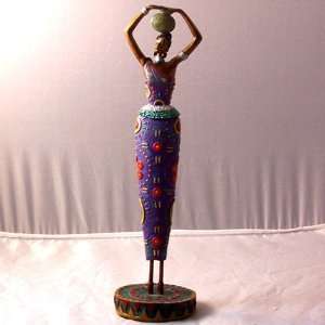 African Tribal Woman in Purple Dress with Jug on Her Head Figurine