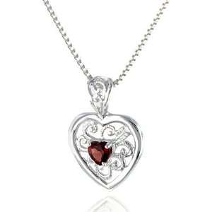  Sterling Silver Garnet Heart Pendant w/Chain 18 Jewelry