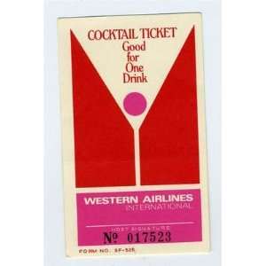  Western Airlines International Cocktail Ticket Expired 