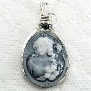 Elegant Maiden Lady Cameo Pendant Sterling Silver Artisian Jewelry 