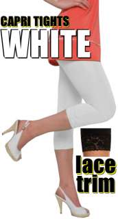 White Lace Trim Footless Tights Legging Capri Cropped  