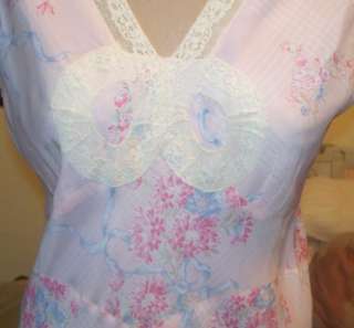 1940s Pink and Blue Floral Rayon Nightgown   fits 34 inch bust   Bias 