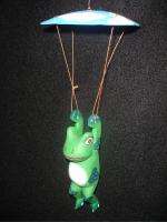 Sky diving Parachuting Frog Toad mobile~hand carved wood whimsical 