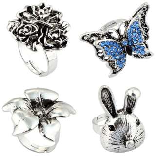 wholesale 4 tibet silver finger rings flower blue crystal butterfly 