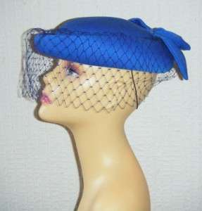 VINTAGE ELECTRIC BLUE PILL BOX STYLE HAT WITH BOW & FULL VEIL DETAIL 