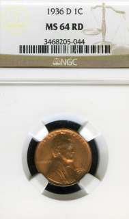 1936 D NGC MS 64 RD LINCOLN WHEAT CENT 1C AB27  