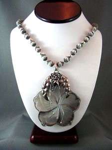   TOP! Vtg Sterling Floral Carved Abalone Pearl Necklace STATEMENT PIECE