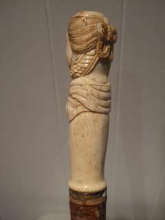 EARLY Antique FIGURAL CARVED OX BONE Handled WALKING STICK Cane  