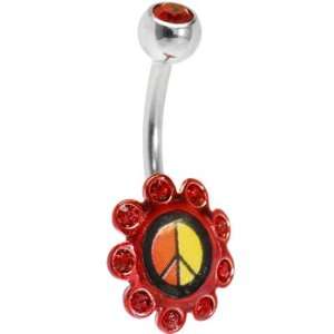  Ruby Red Gem Peace Symbol Logo Flower Belly Ring: Jewelry