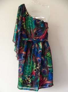 NWT BISOU PEACOCK COCKTAIL DRESS 14 Feathers BEADS One Shoulder L 