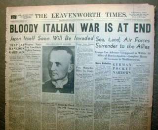 1945 newspaper WW II Ends in ITALY Lrg banner headline Germans inItaly 