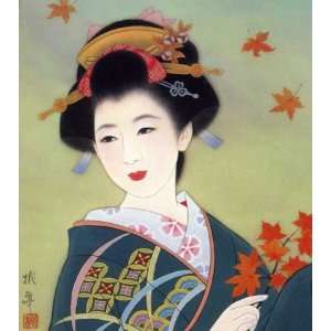  Japanese Geisha In Fall Leaves by Vintage Japanese . Art 