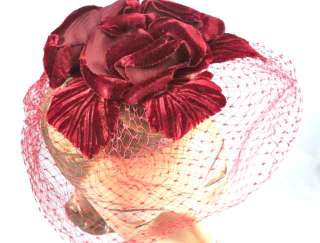 Vintage Cranberry Red Velour Rose Whimsey Cocktail Hat w Veil 1960s 