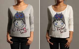  Vintage Graphic Print Long Dolman Sleeve Top FOREVER SMILE Jersey T 