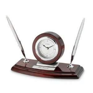   Mahogany/silver Clock With Double Pen Stand Gift