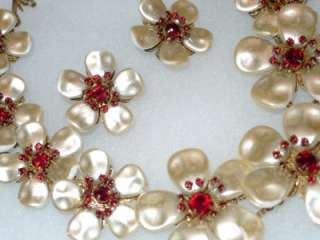 Miriam Haskell HUGE Baroque Pearl Flower Ruby Red Rhinestone Necklace 