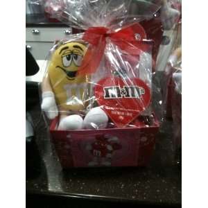 Valentine Gift Basket with Yellow M & Ms Guy Plushie and 