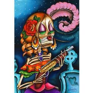   Sugar Skull with Pistol Colorful Fine Art Paper Print 18 in x 12 in