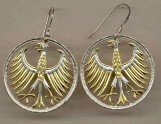 Gold on Silver Cut Coin German 5 Mark Eagle Earrings  