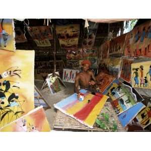 Local Artist with His Tingatinga Paintings, Zanzibar, Tanzania, East 