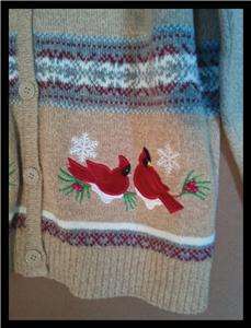 Ugly Christmas Sweater Berries and Cardinals Cardigan Tan SZ XL  