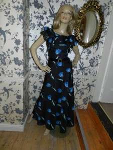 VINTAGE 70s LUCIE LINDEN BLACK/BLUE TULIP PRINT MAXI DRESS 12  