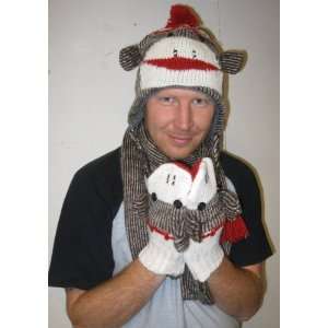 Sock Monkey Hat and Scarf with Attached Mittens 2pc Set