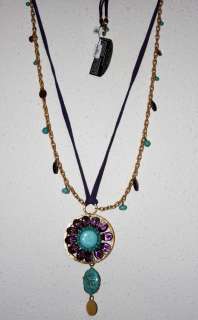   long necklace with leather trims, crystal & natural turquoise